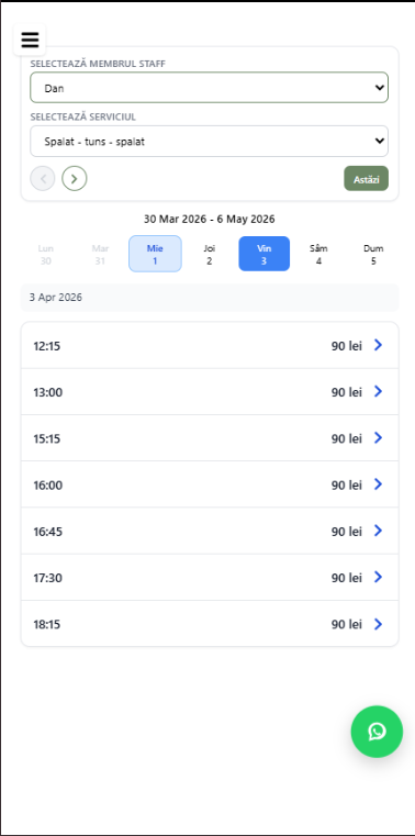 Interfată mobilă pentru rezervare servicii beauty